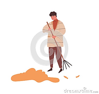 Man raking heap of autumn leaves use rake vector flat illustration. Male sweeping fall dry yellow foliage tidying Vector Illustration