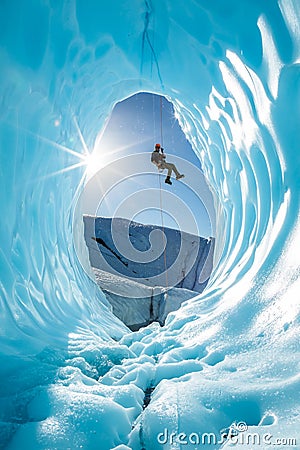 Man rappelling into entrance of glacier ice cave in the mountains of Alaska Stock Photo