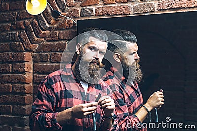 Man with razor near mirror Stock Photo