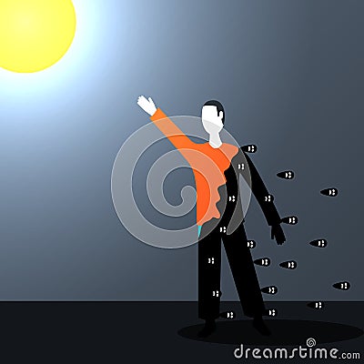 A man reaches for the sun and it cleans him of all the bad things that have accumulated in him. Cartoon Illustration