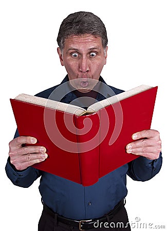 Man Read Book Surprise Shock Isolated on White Stock Photo