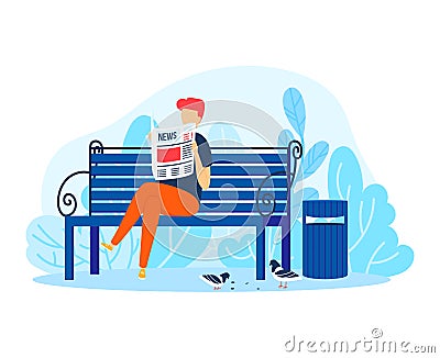Man read newspaper in park, male person relax vector illustration. Guy character at bench, adult lifestyle outdoor Vector Illustration