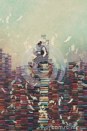 Man reading book while sitting on pile of books, Cartoon Illustration
