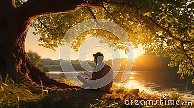 Man reading a book while sitting under the tree by the lake at the public park for recreation, leisure and relaxation in Stock Photo