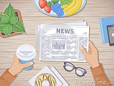 Man reading the latest news at breakfast. Human hands holding coffee to go and newspaper. Good start in the morning before beginni Vector Illustration