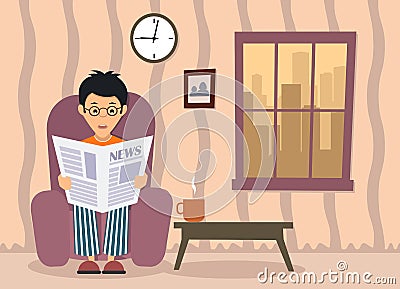 Man reading newspaper at home Vector Illustration