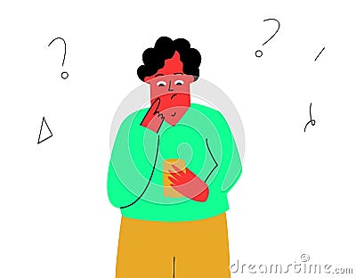 A man reads a message on his phone. A man with a puzzled, questioning expression on his face. A man with a phone. Vector Illustration
