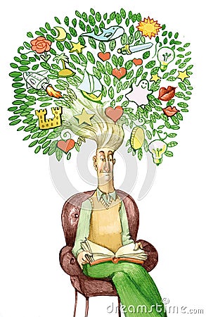 Man reading is a tree full of fantasy creativity Stock Photo