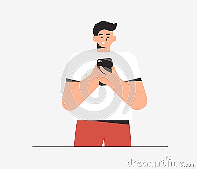 Man reads or watch positive news on the Internet in mobile phone. Flat style vector illustrataion Stock Photo