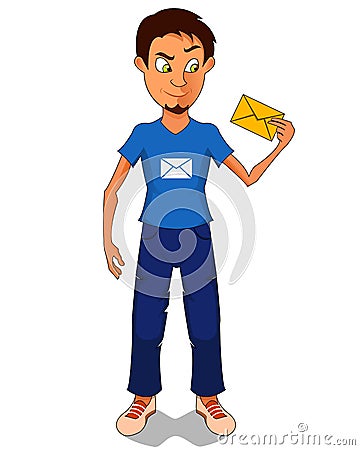 Man received the new letter. Cartoon character with web icon. Vector Illustration