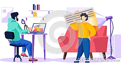 A man records a video, sitting at a laptop. Guy is standing with a text sign in his hands Vector Illustration