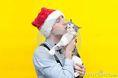 Man in red christmas santa hat, blue shirt and black suspender hug and kiss cute white with grey tabby cat Stock Photo
