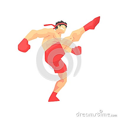 Man In Red Shorts And Gloves Thai Boxing Martial Arts Fighter, Fighting Sports Professional In Traditional Fighting Vector Illustration