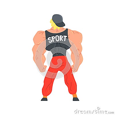Man In Red Sportive Pants And Cap Bodybuilder Funny Smiling Character On Steroids Demonstrating Muscles As Strongman Vector Illustration