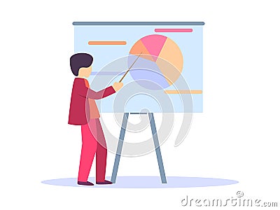 Man in a red suit shows a pointer to a chart. Round multicolored chart, presentation of indicators. Vector illustration Vector Illustration