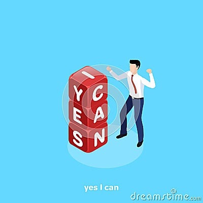 A man in a red tie is pleased with his achievement and red cubes with letters Vector Illustration