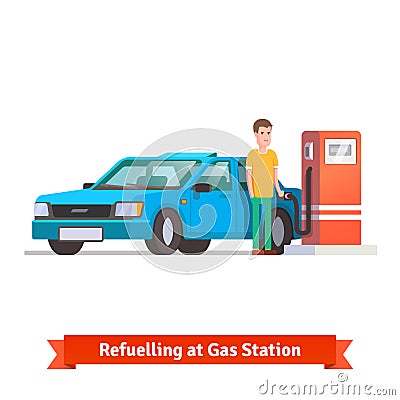 Man refuelling his car at petrol station Vector Illustration