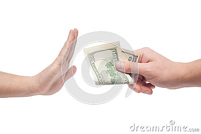 Man refusing money offered by man Stock Photo