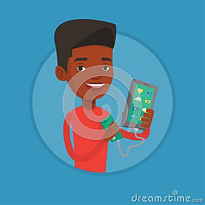 Man reharging smartphone from portable battery. Vector Illustration