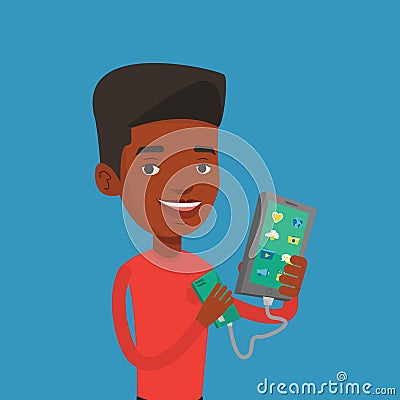 Man reharging smartphone from portable battery. Vector Illustration