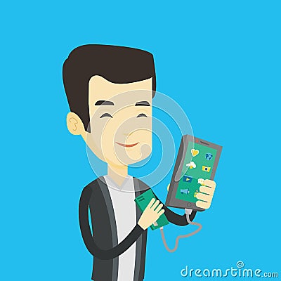 Man reharging smartphone from portable battery. Vector Illustration