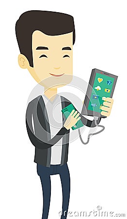 Man reharging smartphone from portable battery. Vector Illustration