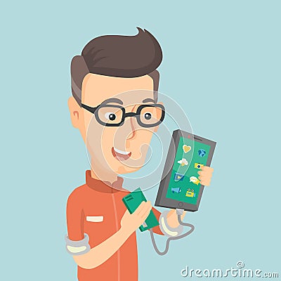 Man reharging smartphone from portable battery. Vector Illustration