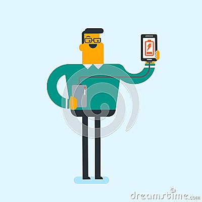 Man reharging smartphone from portable battery. Vector Illustration