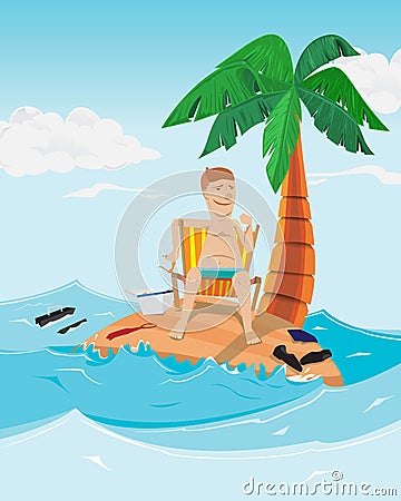 Man relax time in island. Businessman on desert island with palm Vector Illustration