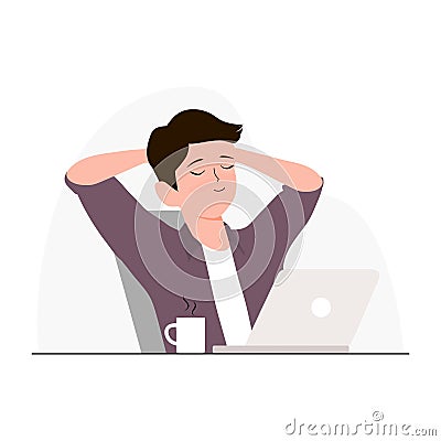 Man relaxed sitting on chair with his hands on head with laptop and coffee vector. Freelancer and passive income concept flat vect Vector Illustration
