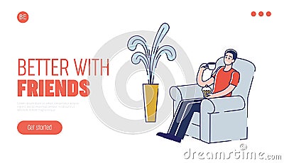 Man Is relaxing With Hot Drink And Cupcake on the Armchair. Website Landing Page. Young Man Is Drinking Coffee Vector Illustration