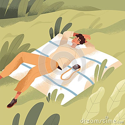 Man relaxing in nature alone. Person sleeping on blanket on grass in solitude on summer holidays. Happy travel Vector Illustration