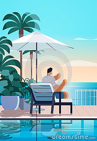 man relaxing at tropical luxury resort hotel beach swimming pool and poolside seating area summer vacation concept Vector Illustration