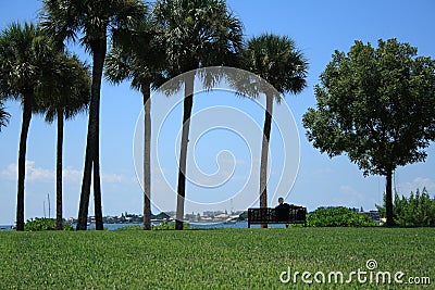 Man Relaxing Watching the Sailboats Stock Photo