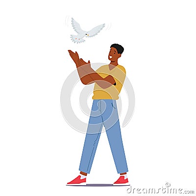 Man Releases A Pure White Dove, Symbolizing Peace And Hope, As It Soars Into The Sky, Carrying A Message Of Harmony Vector Illustration