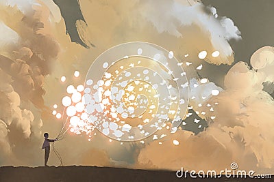 Man releasing glowing balloons and butterflies flock Cartoon Illustration