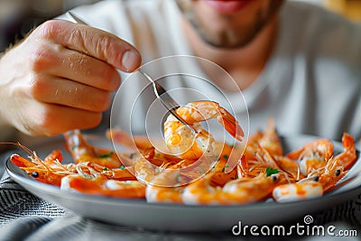 Man relishes cooked prawns close up Stock Photo