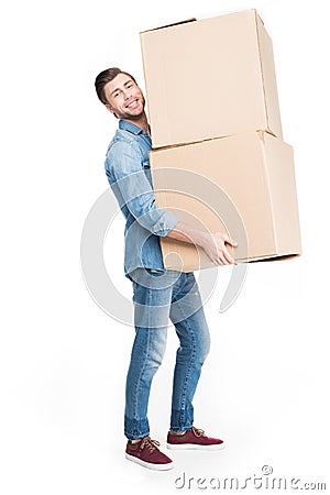man relocating with carton boxes, Stock Photo