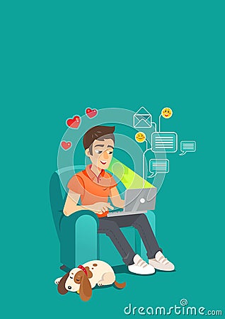 man remotely Working from Home as a Freelancer Using a Laptop Ð¡omputer and Network Vector Illustration