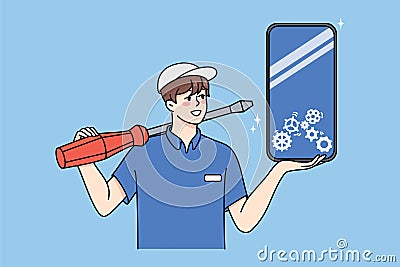 Man repair cellphone in mobile center Vector Illustration