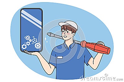 Man repair cellphone in mobile center Vector Illustration