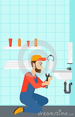 Man repairing sink. Vector Illustration