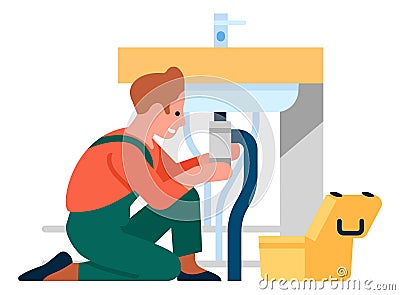 Man repairing sink. Repairman fixing pipe problem Vector Illustration