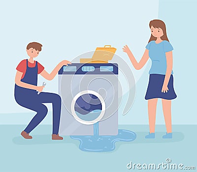 man repairing washing machine Vector Illustration