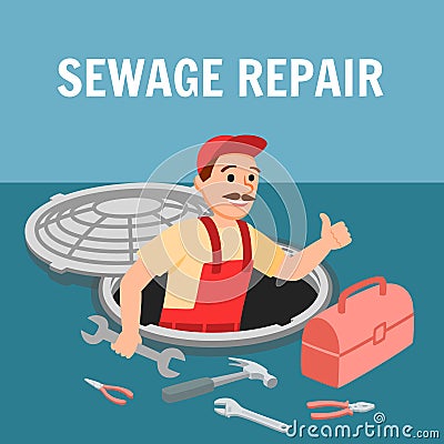 Man Repairman with Plumbing Equipment in Manhole Vector Illustration