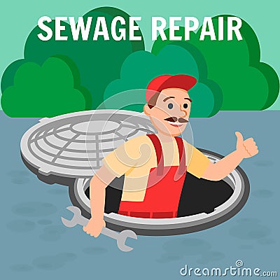 Man Repairman with Spanner Tool in Open Manhole Vector Illustration