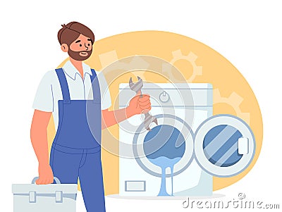 Man repairs washing machine vector concept Cartoon Illustration