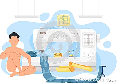 Man is resting while making clothes in tailoring studio. Sewing machine with piece of blue fabric Vector Illustration