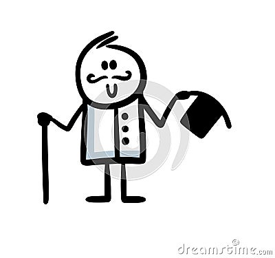 A man with a retro moustache in an old style takes off his top hat in greeting. Vector Illustration