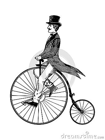 Man on retro vintage old bicycle engraving vector Vector Illustration